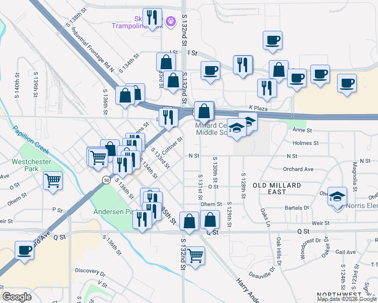 map of restaurants, bars, coffee shops, grocery stores, and more near 13122 N Street in Omaha