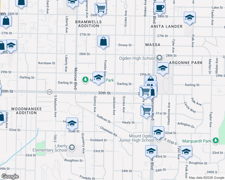 map of restaurants, bars, coffee shops, grocery stores, and more near 2933 Jackson Avenue in Ogden