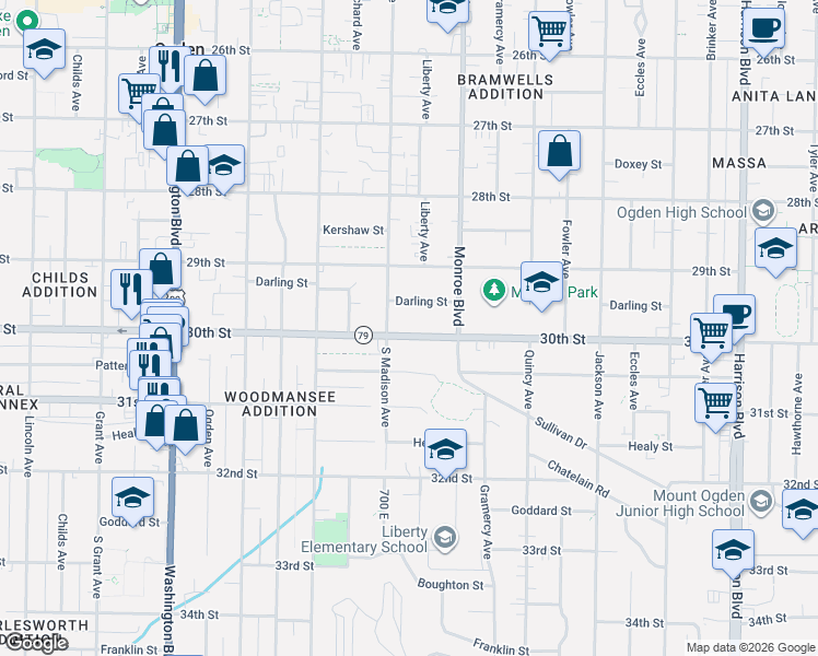 map of restaurants, bars, coffee shops, grocery stores, and more near 724 30th Street in Ogden