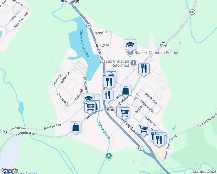 map of restaurants, bars, coffee shops, grocery stores, and more near 91 Main Street in Sussex