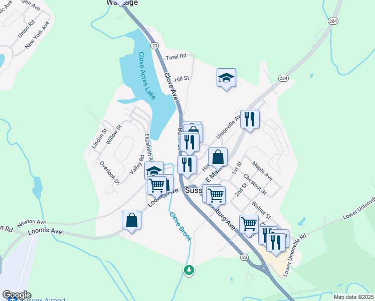 map of restaurants, bars, coffee shops, grocery stores, and more near 34 Bank Street in Sussex