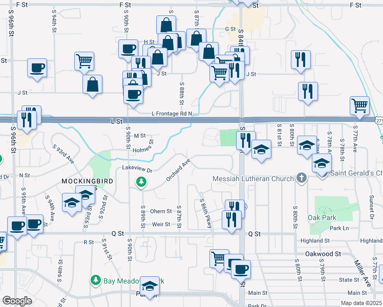 map of restaurants, bars, coffee shops, grocery stores, and more near 8562 Orchard Avenue in Omaha