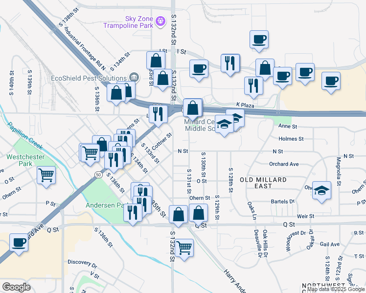 map of restaurants, bars, coffee shops, grocery stores, and more near 4880 South 131st Street in Omaha