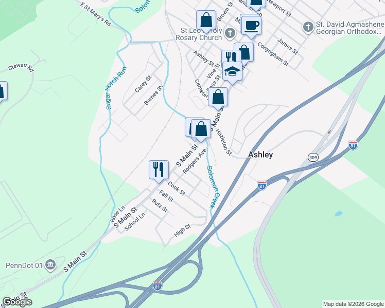 map of restaurants, bars, coffee shops, grocery stores, and more near 22 Orchard St in Ashley