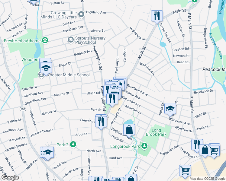 map of restaurants, bars, coffee shops, grocery stores, and more near 12 Parkway Drive in Stratford