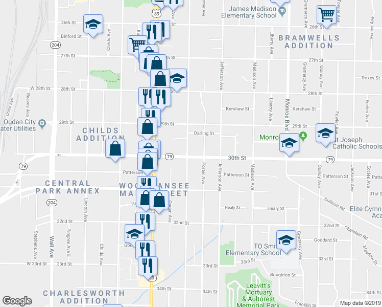 map of restaurants, bars, coffee shops, grocery stores, and more near 2954 Adams Avenue in Ogden