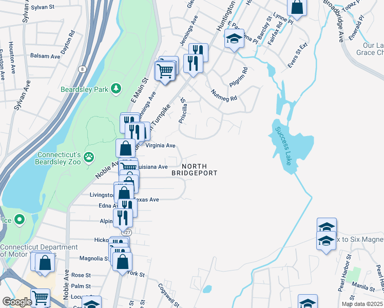 map of restaurants, bars, coffee shops, grocery stores, and more near 278 Priscilla Street in Bridgeport