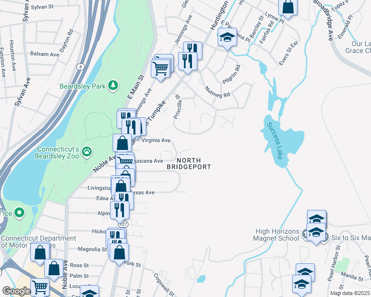 map of restaurants, bars, coffee shops, grocery stores, and more near 278 Priscilla Street in Bridgeport