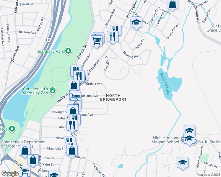 map of restaurants, bars, coffee shops, grocery stores, and more near 278 Priscilla Street in Bridgeport