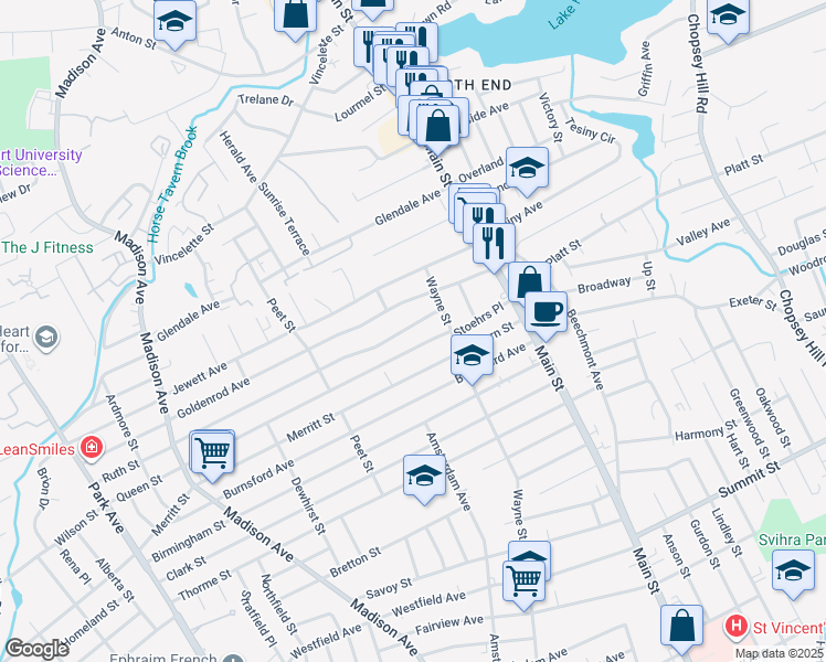 map of restaurants, bars, coffee shops, grocery stores, and more near 102 Ruth Street in Bridgeport