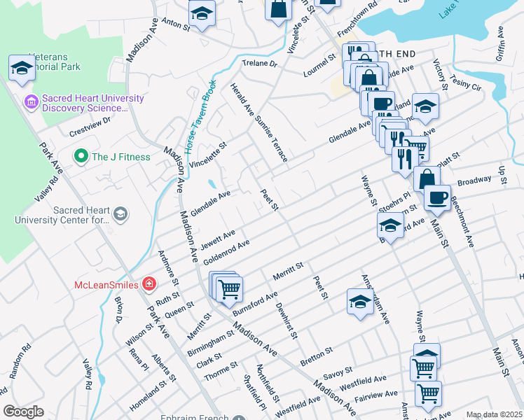 map of restaurants, bars, coffee shops, grocery stores, and more near 459 Peet Street in Bridgeport