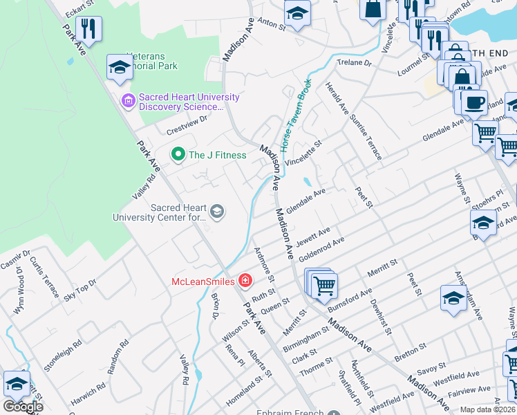map of restaurants, bars, coffee shops, grocery stores, and more near 99 Rooster River Boulevard in Bridgeport