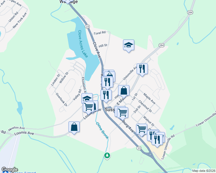 map of restaurants, bars, coffee shops, grocery stores, and more near 34 Bank Street in Sussex