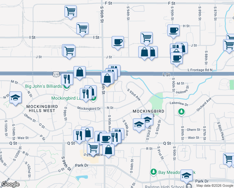 map of restaurants, bars, coffee shops, grocery stores, and more near 4852 South 94th Plaza in Omaha