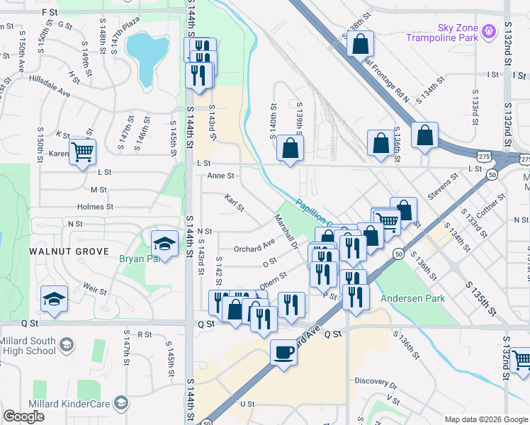 map of restaurants, bars, coffee shops, grocery stores, and more near 4865 Marshall Drive in Omaha