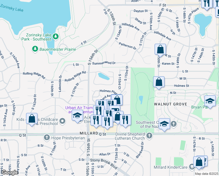 map of restaurants, bars, coffee shops, grocery stores, and more near 15410 Stevens Plaza in Omaha