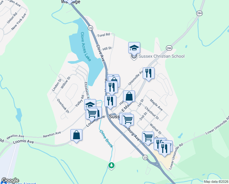 map of restaurants, bars, coffee shops, grocery stores, and more near 19 Church Street in Sussex