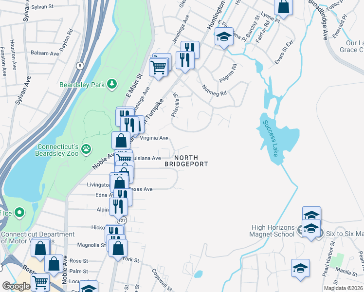 map of restaurants, bars, coffee shops, grocery stores, and more near 278 Priscilla Street in Bridgeport