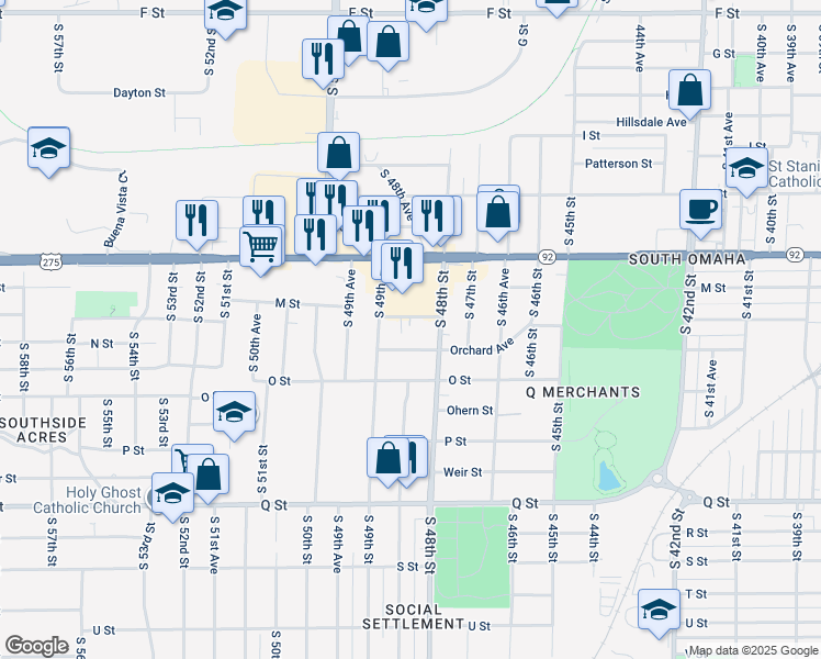 map of restaurants, bars, coffee shops, grocery stores, and more near 4849 Holmes Street in Omaha