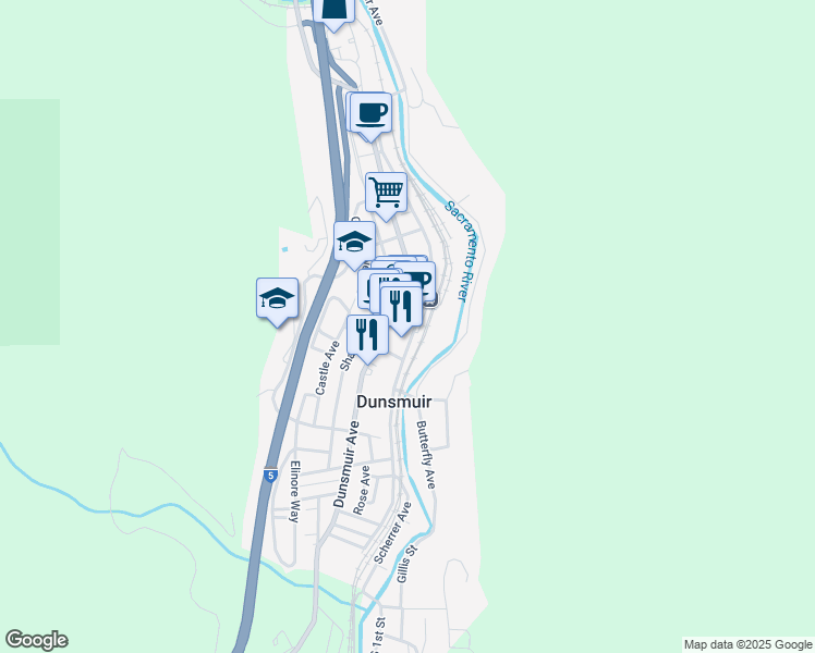 map of restaurants, bars, coffee shops, grocery stores, and more near 5749 Sacramento Avenue in Dunsmuir