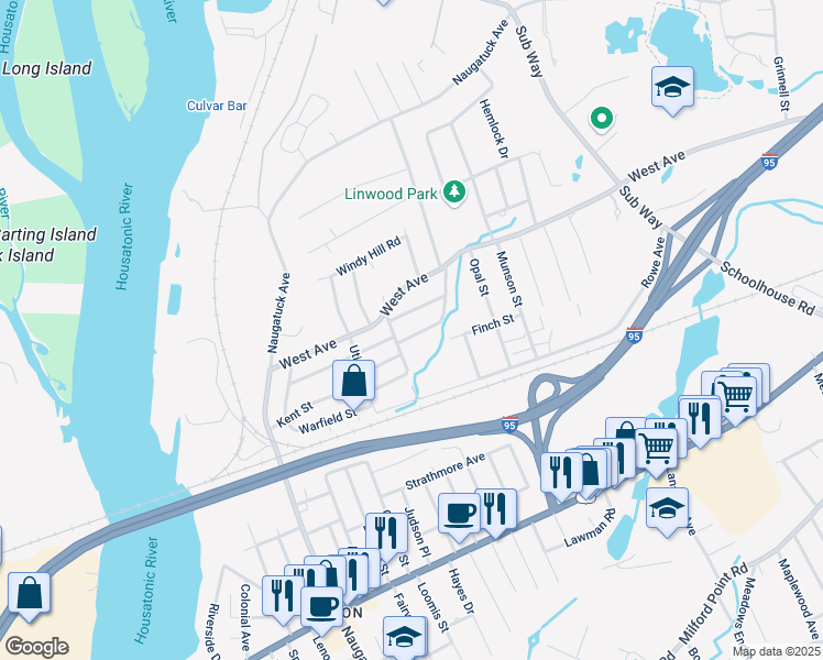 map of restaurants, bars, coffee shops, grocery stores, and more near 22 Norway Street in Milford