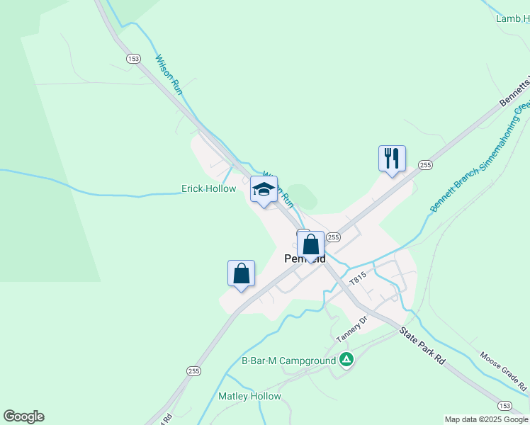 map of restaurants, bars, coffee shops, grocery stores, and more near 201 Hoovertown Road in Penfield