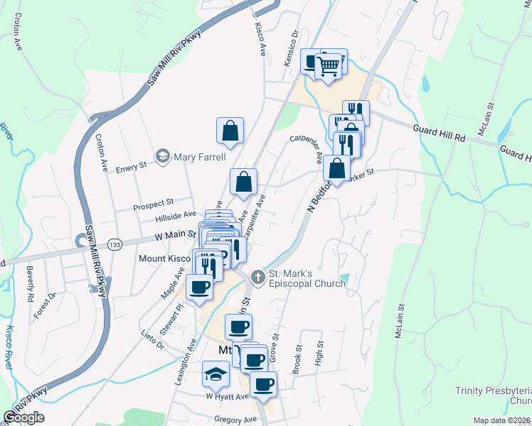 map of restaurants, bars, coffee shops, grocery stores, and more near 101 Carpenter Avenue in Mount Kisco