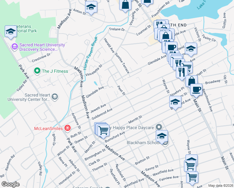 map of restaurants, bars, coffee shops, grocery stores, and more near 459 Peet Street in Bridgeport