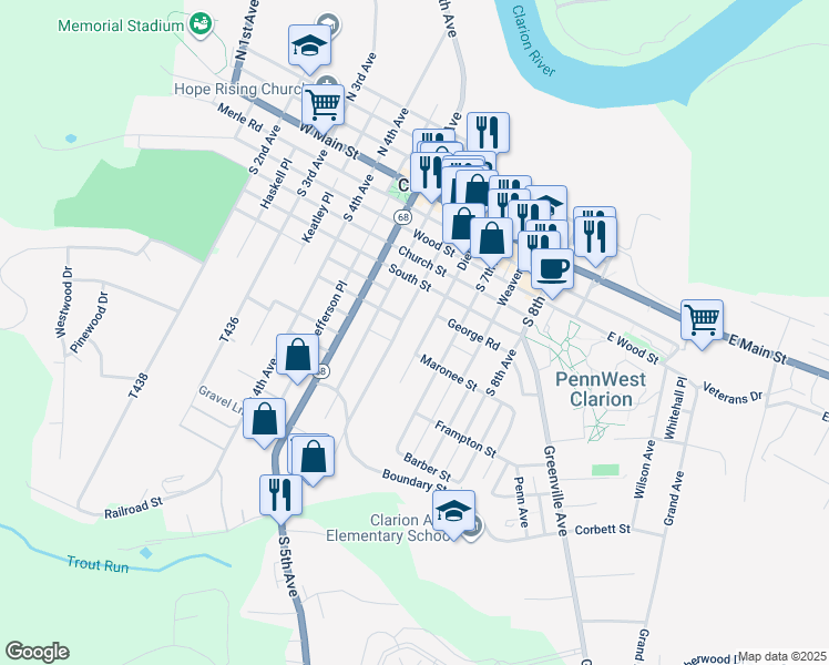 map of restaurants, bars, coffee shops, grocery stores, and more near 97 South 6th Avenue in Clarion