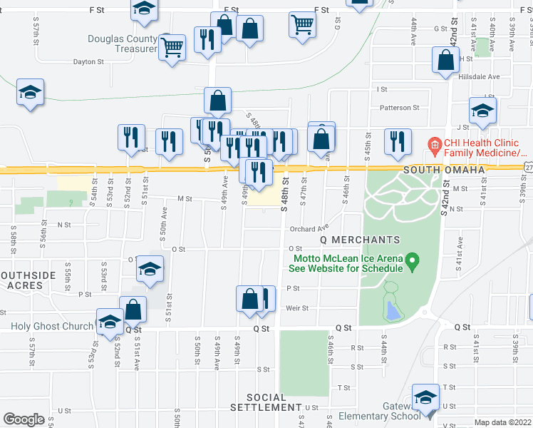 map of restaurants, bars, coffee shops, grocery stores, and more near 4740 South 48th Street in Omaha