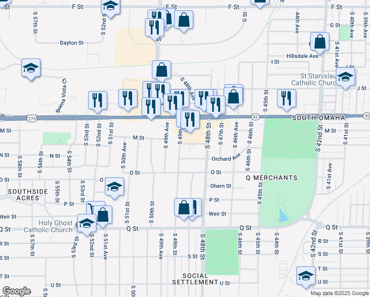 map of restaurants, bars, coffee shops, grocery stores, and more near 4839-4843 L Street in Omaha
