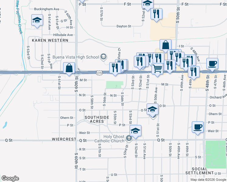 map of restaurants, bars, coffee shops, grocery stores, and more near 5513 Holmes Street in Omaha