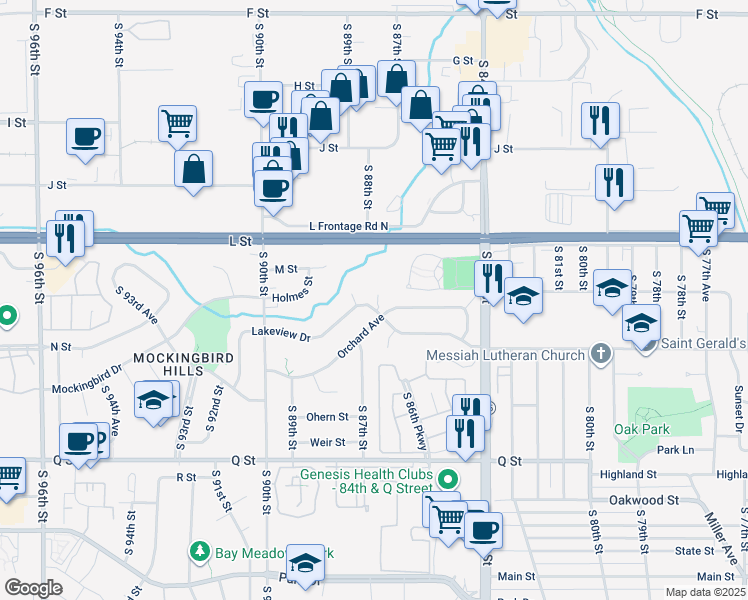 map of restaurants, bars, coffee shops, grocery stores, and more near 8616 Lakeview Drive in Omaha