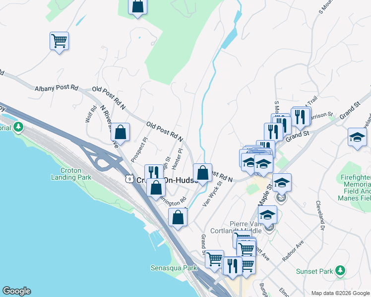 map of restaurants, bars, coffee shops, grocery stores, and more near 2 Lounsbury Road in Croton-on-Hudson