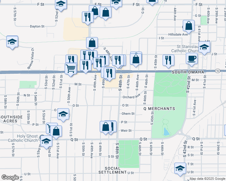 map of restaurants, bars, coffee shops, grocery stores, and more near 4841 Holmes Street in Omaha