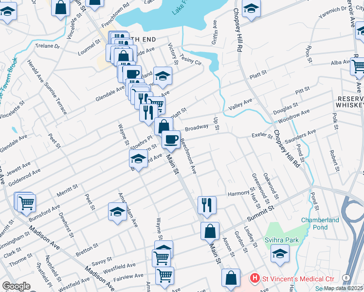 map of restaurants, bars, coffee shops, grocery stores, and more near 436 Beechmont Avenue in Bridgeport