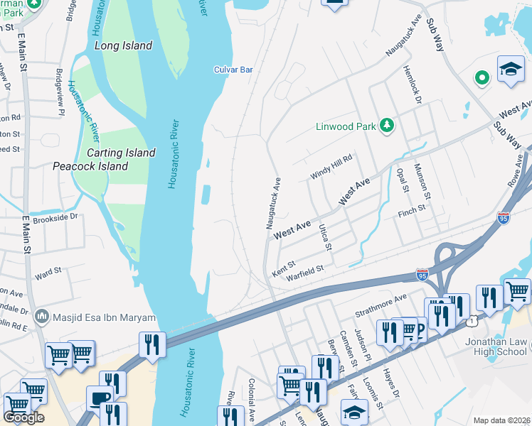 map of restaurants, bars, coffee shops, grocery stores, and more near 814 Naugatuck Avenue in Milford