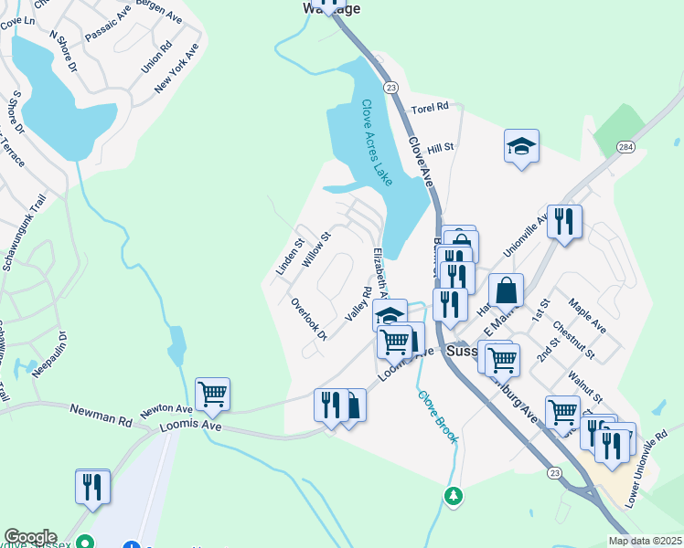 map of restaurants, bars, coffee shops, grocery stores, and more near 27 Lakeview Terrace in Sussex