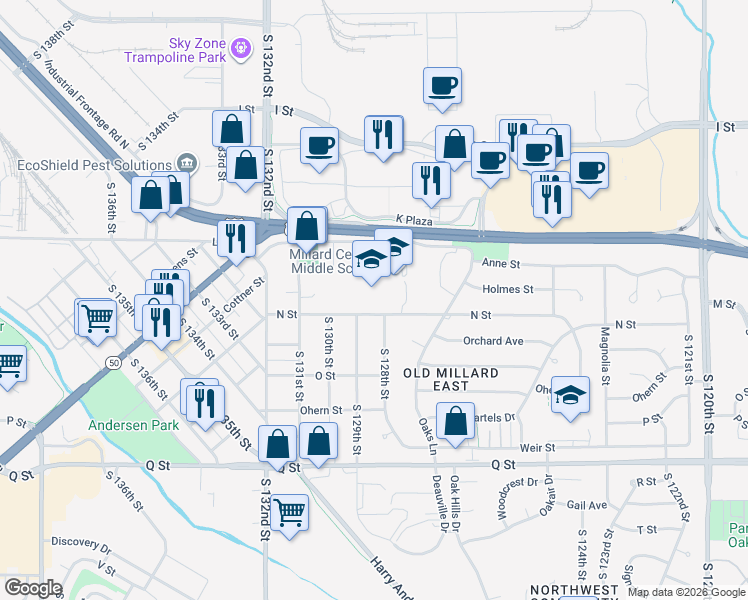 map of restaurants, bars, coffee shops, grocery stores, and more near 12820 N Street in Omaha