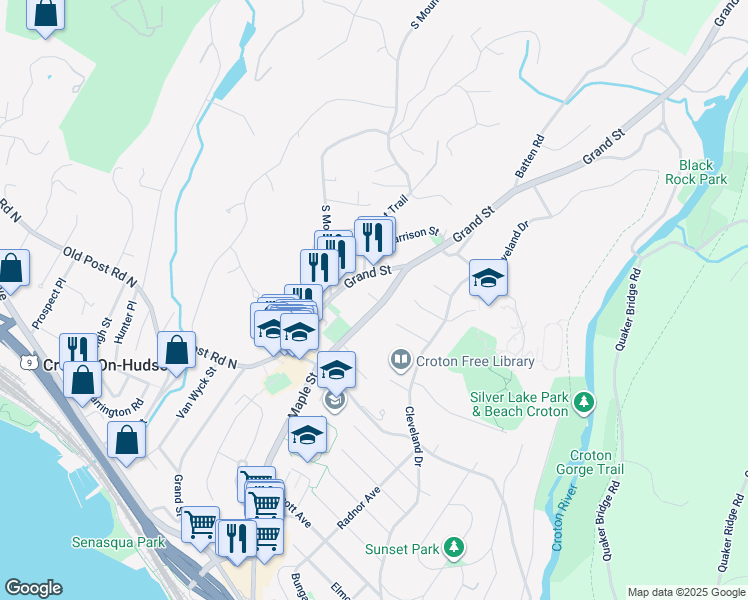 map of restaurants, bars, coffee shops, grocery stores, and more near 188 Grand Street in Croton-on-Hudson
