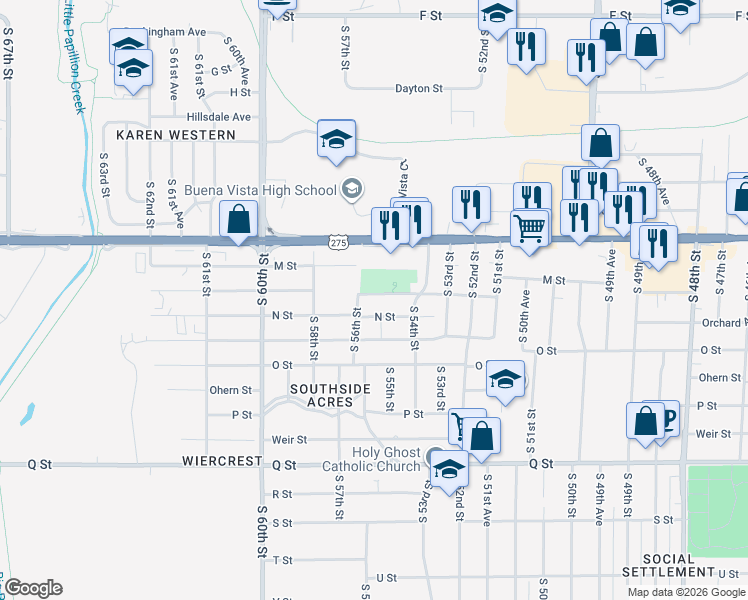 map of restaurants, bars, coffee shops, grocery stores, and more near 5513 Holmes Street in Omaha