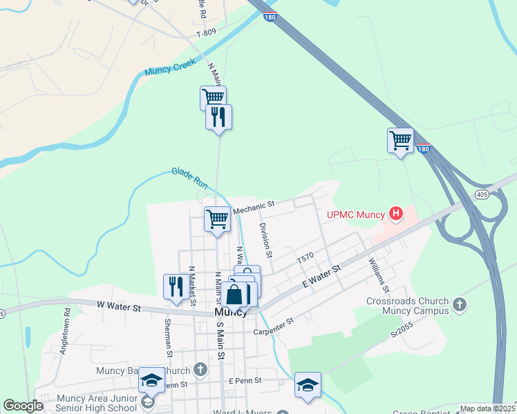 map of restaurants, bars, coffee shops, grocery stores, and more near East Mechanic Street in Muncy