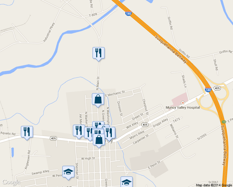 map of restaurants, bars, coffee shops, grocery stores, and more near East Mechanic Street in Muncy