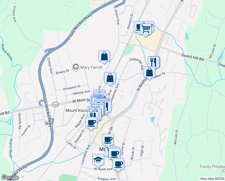 map of restaurants, bars, coffee shops, grocery stores, and more near 79 North Moger Avenue in Mount Kisco