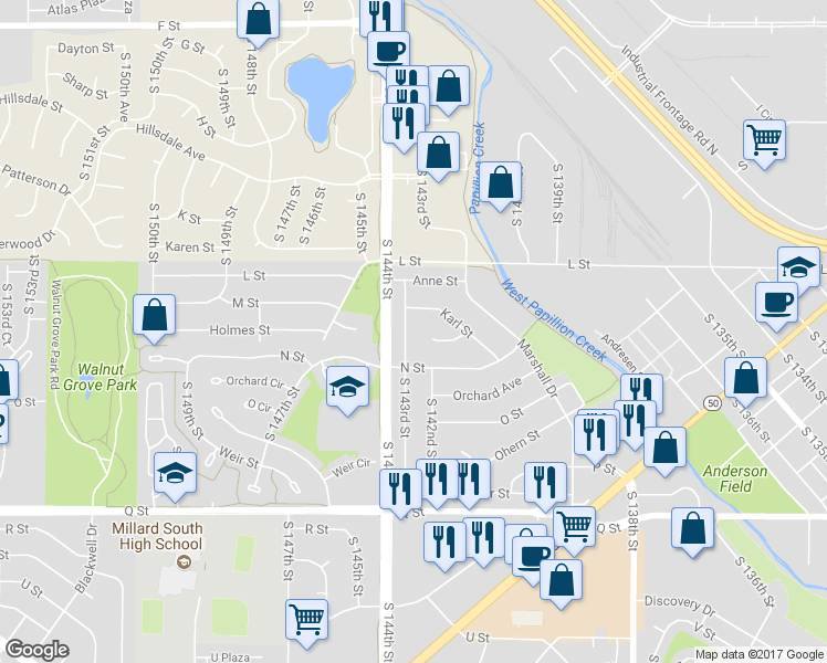 map of restaurants, bars, coffee shops, grocery stores, and more near 4871 South 143rd Street in Omaha