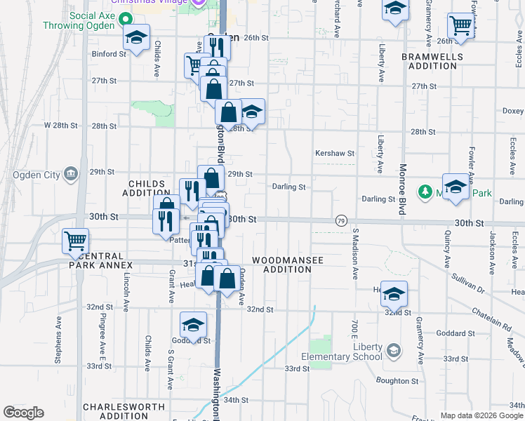 map of restaurants, bars, coffee shops, grocery stores, and more near 2973 Adams Avenue in Ogden