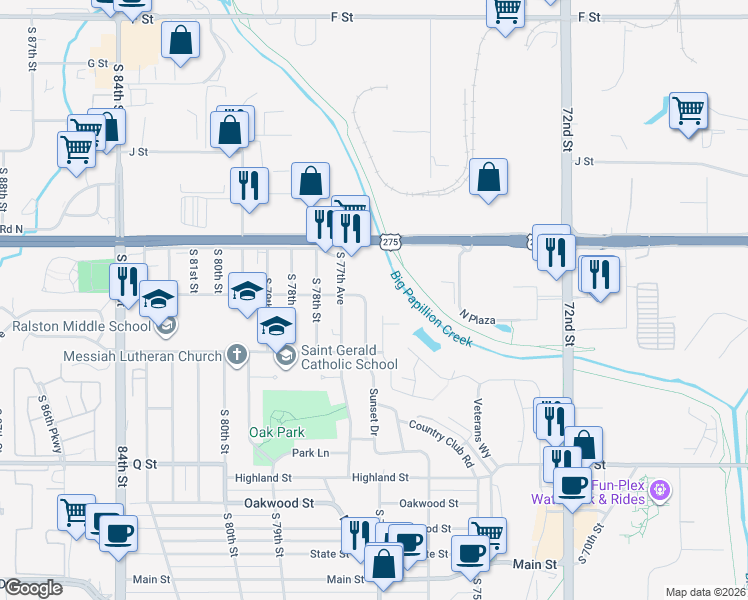 map of restaurants, bars, coffee shops, grocery stores, and more near 7700 Seymour Street in Ralston