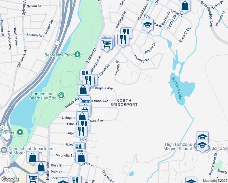 map of restaurants, bars, coffee shops, grocery stores, and more near 177 Virginia Avenue in Bridgeport