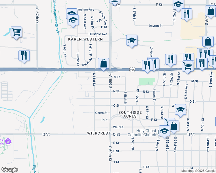 map of restaurants, bars, coffee shops, grocery stores, and more near 4731 South 60th Street in Omaha