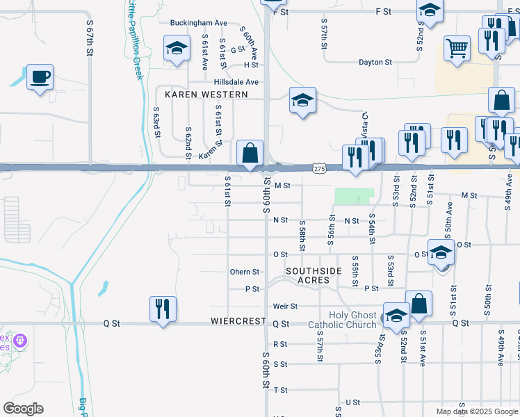 map of restaurants, bars, coffee shops, grocery stores, and more near 4731 South 60th Street in Omaha